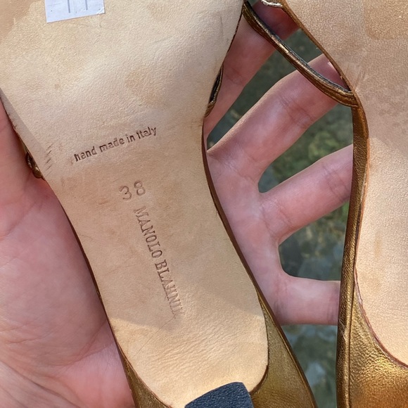 Manolo Blahnik Brown & Gold Strappy Kitten Heels - Picture 8 of 13